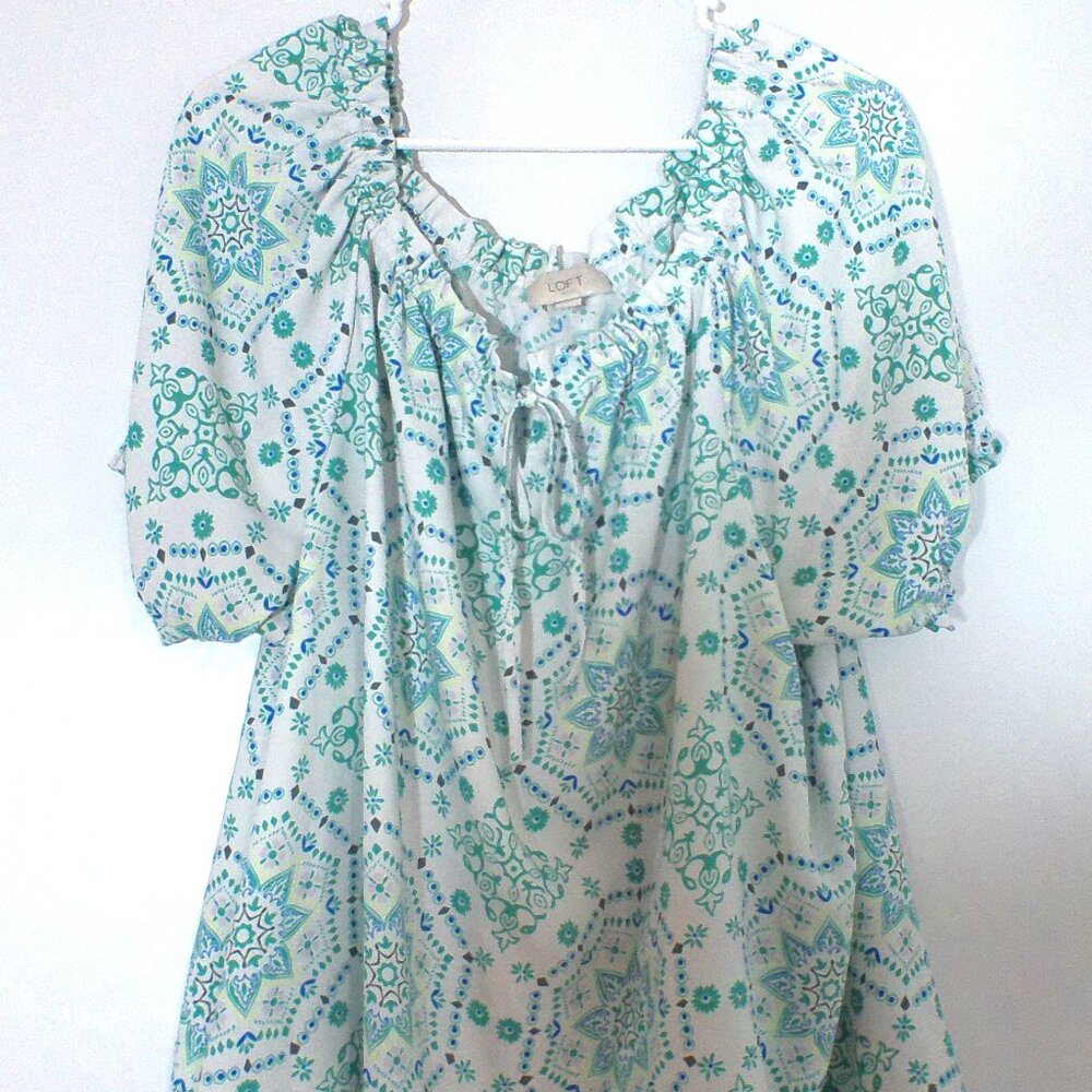 LOFT Outlet Boho Medallion Print Blouse – Women’s XL Green Blue Tie Neck